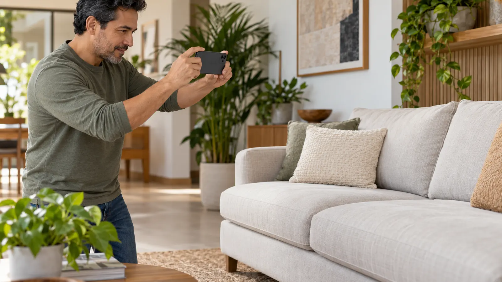 Cliente fotografía su sofá de tela con el teléfono para pedir la cotización