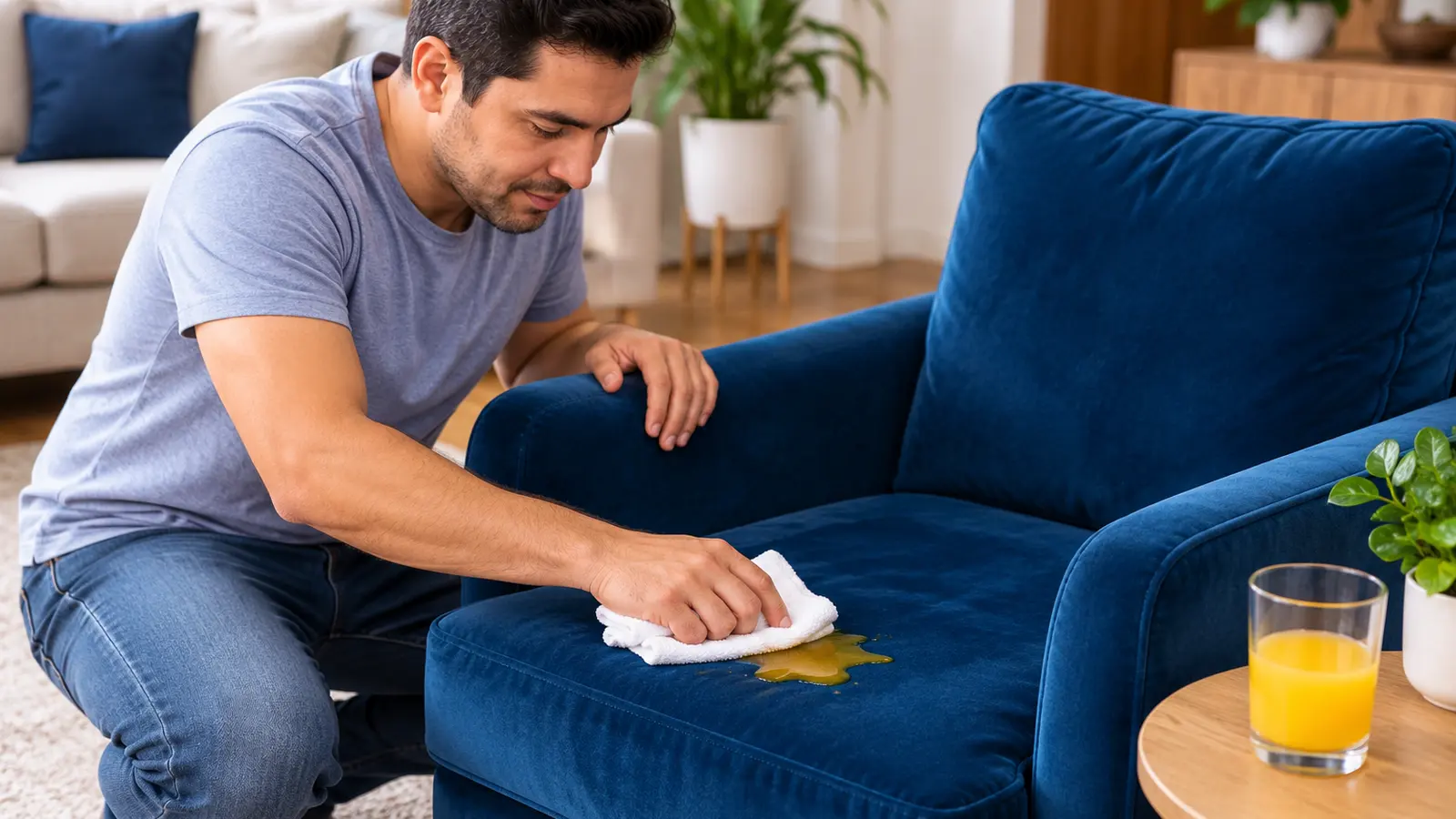 Hombre absorbe a toques con un paño blanco un derrame de jugo en el cojín de un sillón de terciopelo azul sin frotar