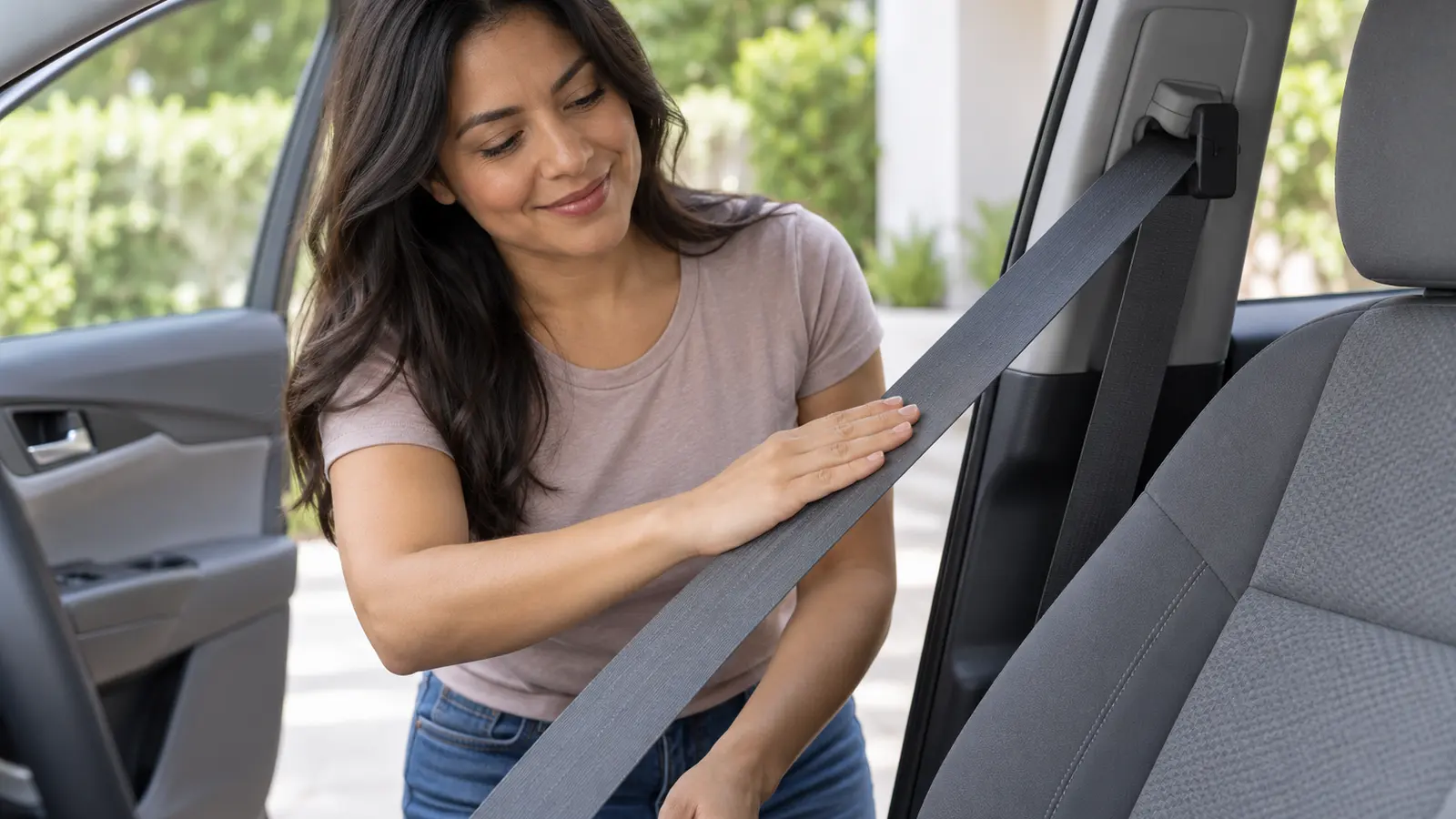 Mujer revisa con la mano la cinta del cinturón de seguridad extendida sobre el asiento mientras se seca con la puerta del carro abierta