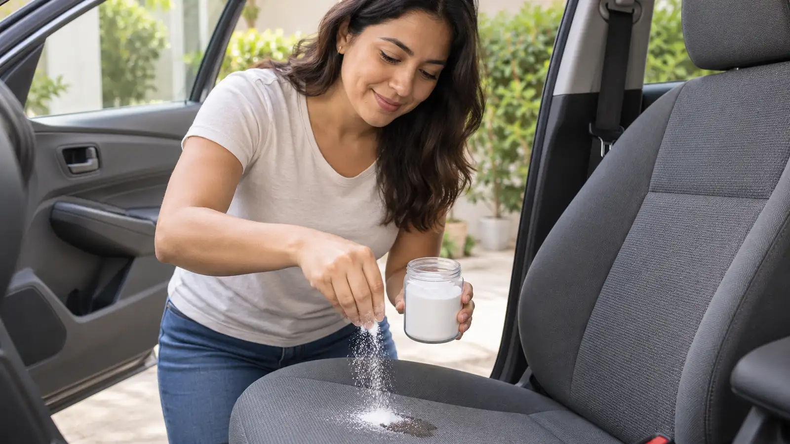 Mujer espolvorea bicarbonato sobre una mancha de grasa en el asiento de tela gris de un carro con la puerta abierta