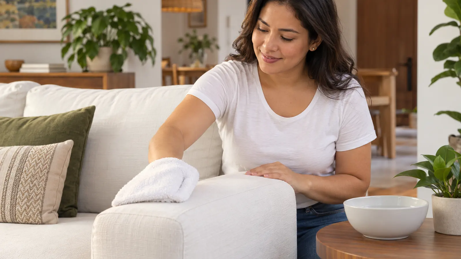 Mujer pasa un guante de microfibra húmedo de forma uniforme por el brazo de un sofá blanco de tela