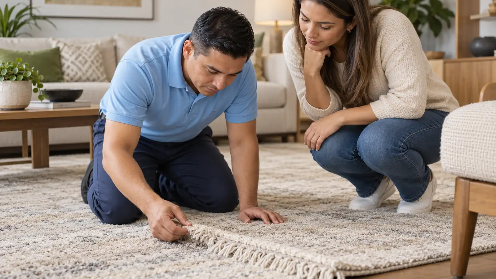 Técnico revisa de cerca las fibras y el borde de una alfombra mientras la clienta observa