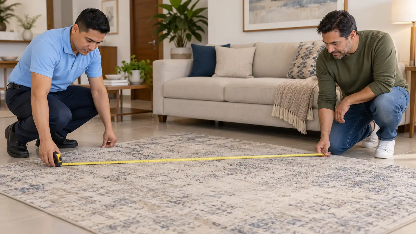 Técnico y cliente miden una alfombra rectangular con una cinta métrica, cada uno en una esquina
