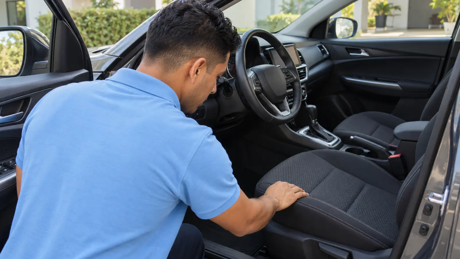 Técnico revisa la costura del asiento del conductor con la puerta abierta
