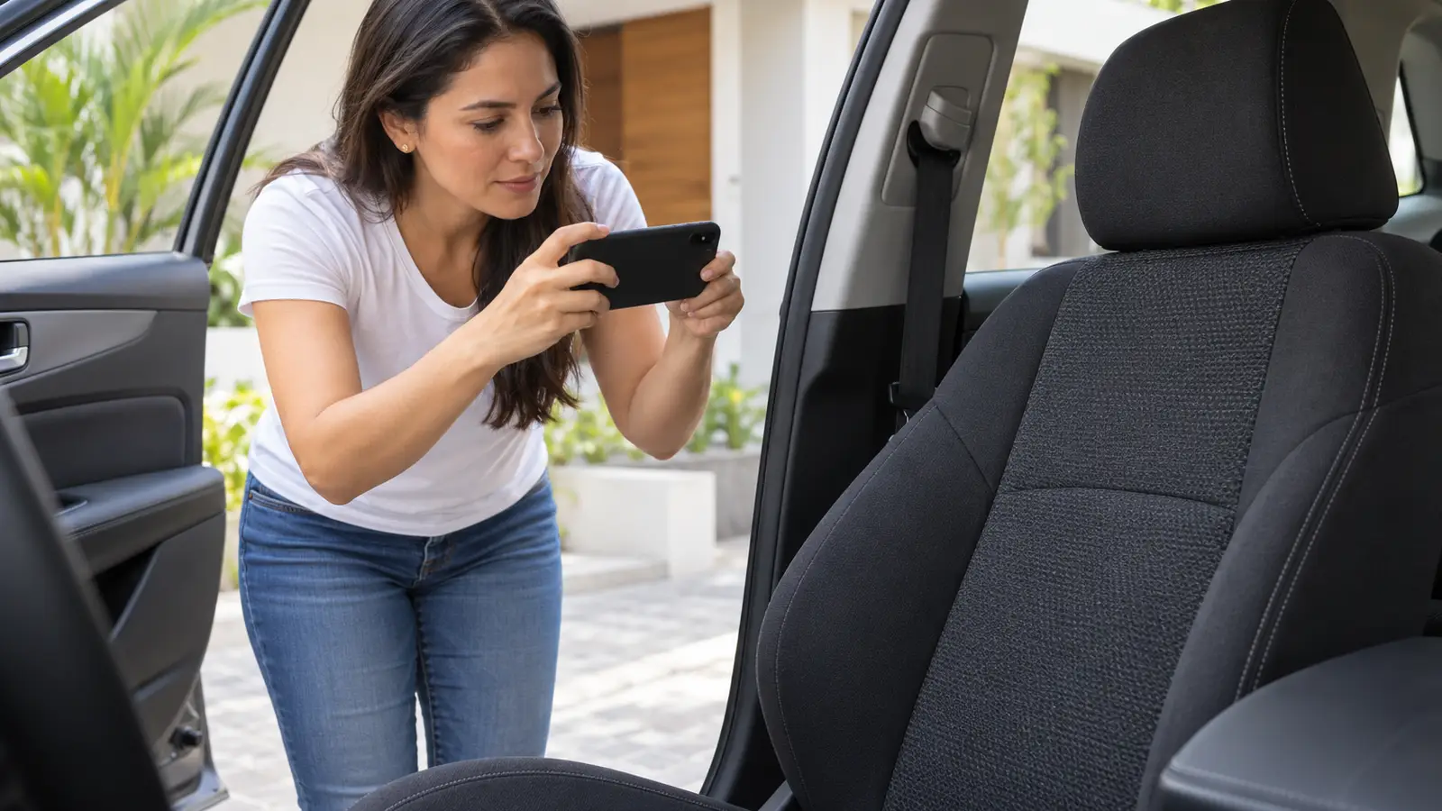 Clienta fotografía el asiento delantero de su carro con la puerta abierta para pedir la cotización