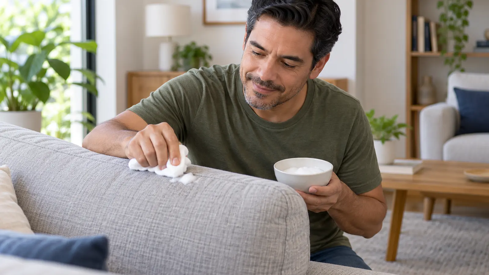 Hombre prueba una espuma de limpieza en la parte de atrás de un mueble de tela antes de usarla en el frente