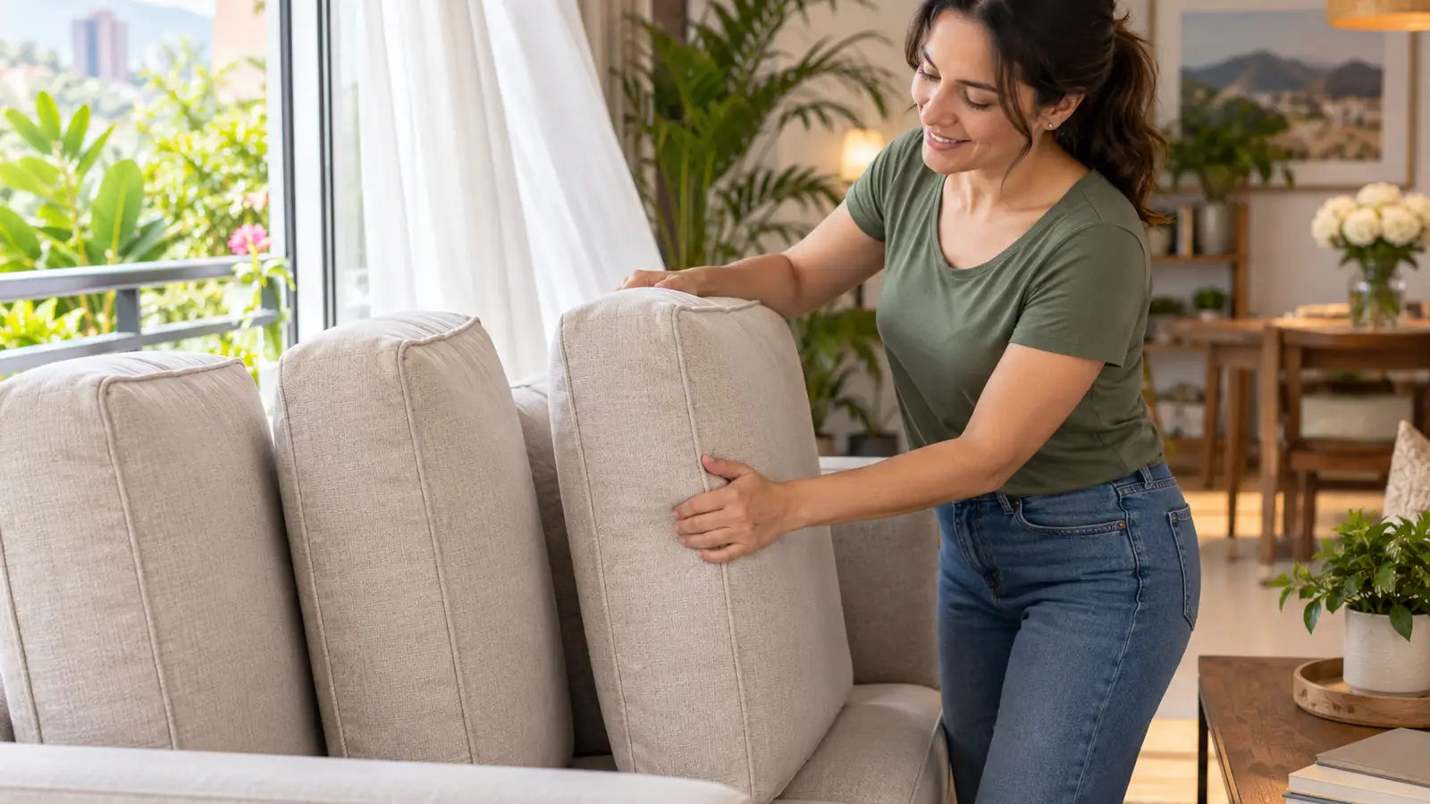 Cojines de un mueble de tela puestos de canto junto a una ventana abierta para que sequen con el aire