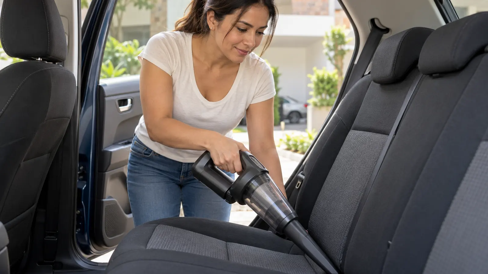 Mujer aspira el hueco entre el respaldo y el asiento de tela del carro con una boquilla estrecha