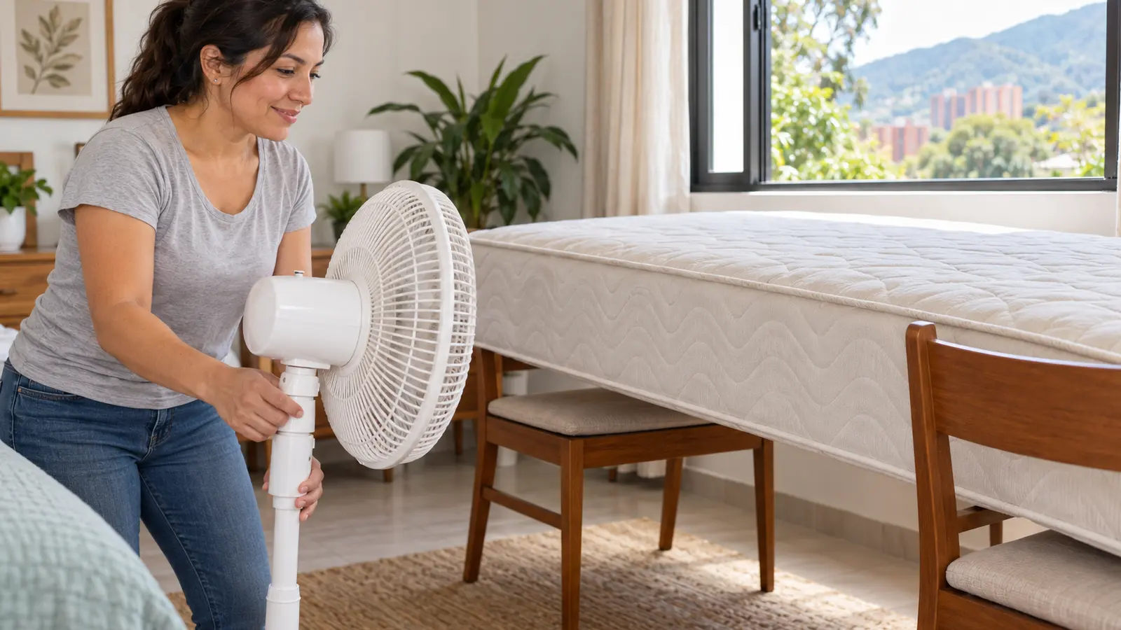 Mujer dirige un ventilador de pie hacia la zona húmeda de un colchón levantado sobre dos sillas en un cuarto ventilado