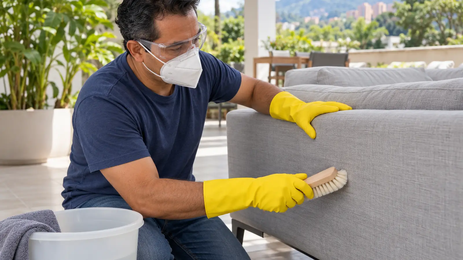 Hombre con guantes largos, gafas de protección y respirador limpia la base de un sofá en un patio al aire libre