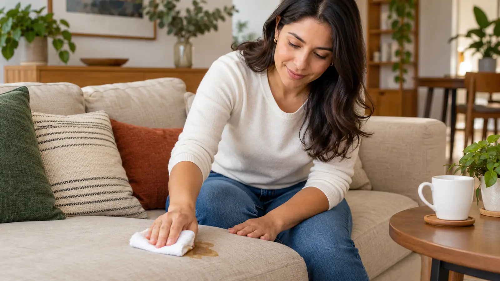Mujer absorbe con un paño blanco un café derramado sobre el cojín de un sofá beige, presionando sin frotar