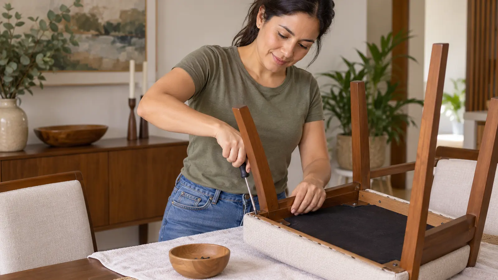 Mujer desatornilla el asiento tapizado de una silla de comedor de madera para limpiarlo aparte