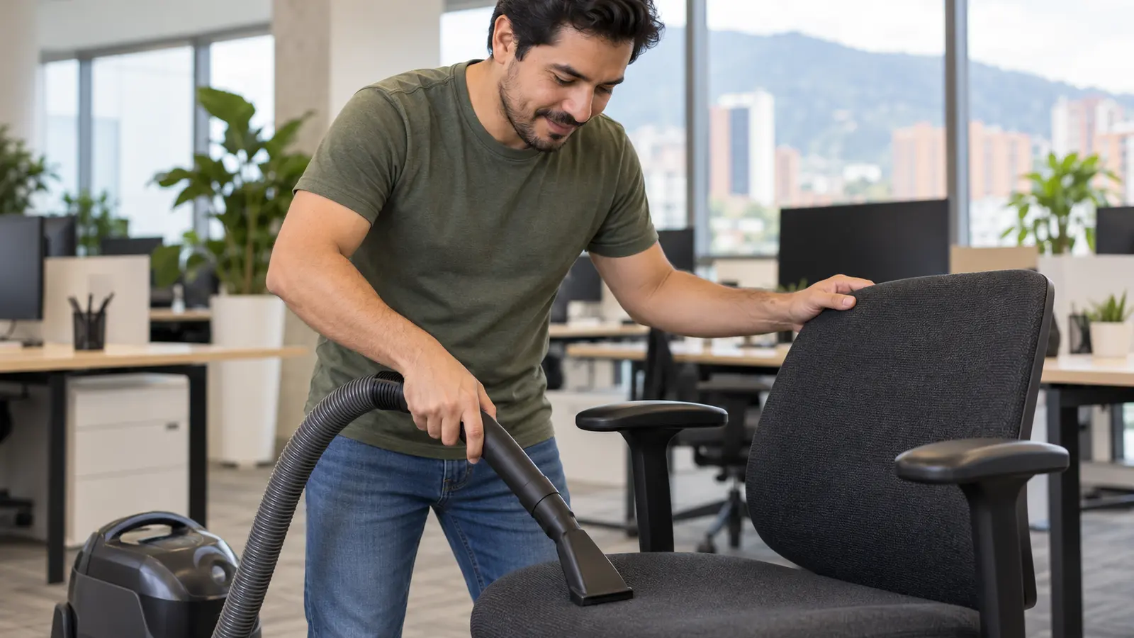 Hombre aspira el asiento de tela de una silla de oficina con el accesorio para tapicería de la aspiradora