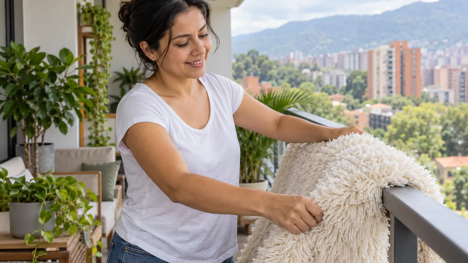 Mujer cuelga una alfombra de pelo largo en una baranda a la sombra en un balcón ventilado para que seque