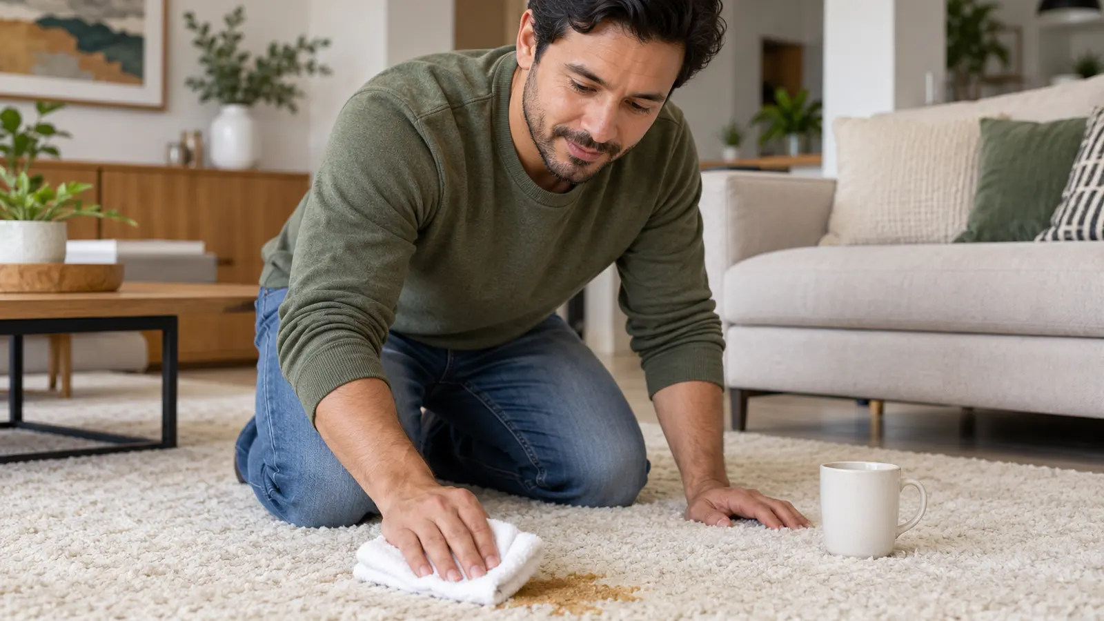Hombre presiona un paño blanco sobre una mancha fresca de café en una alfombra de lana color crema sin frotar