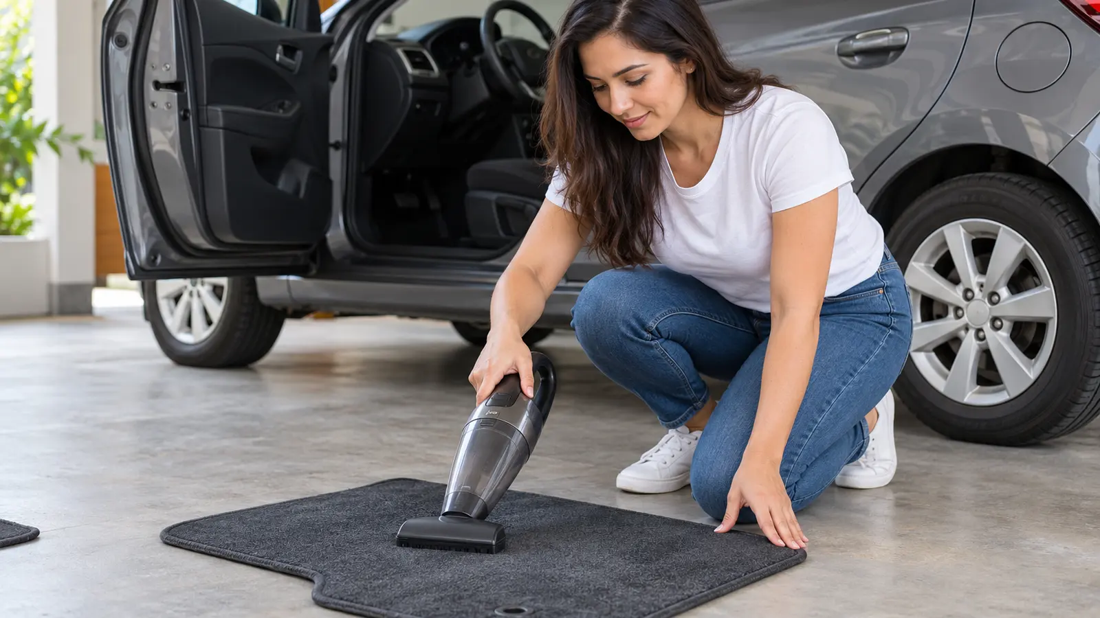 Mujer aspira un tapete de tela del carro apoyado en el piso de un garaje con la boquilla de tapicería