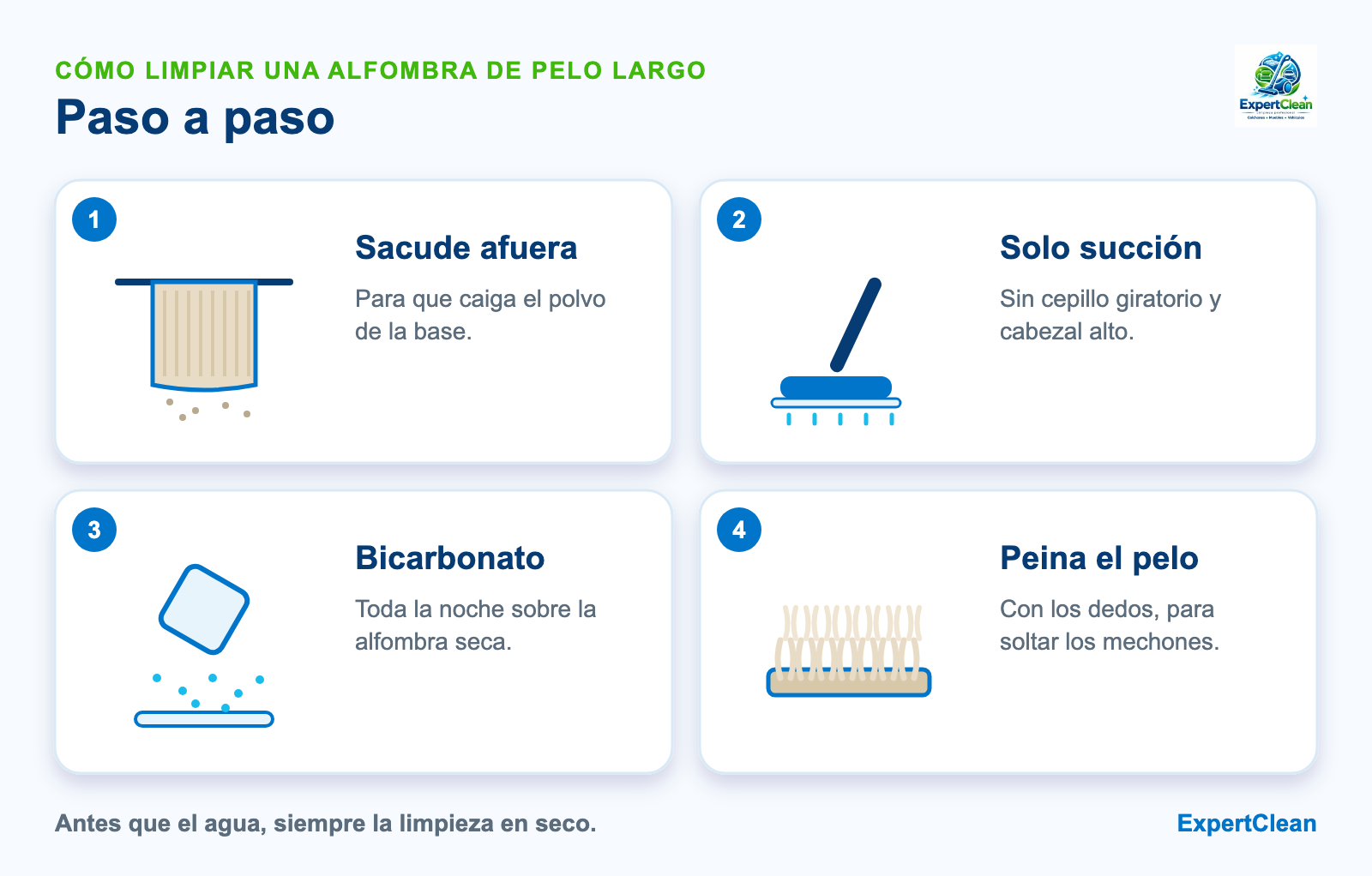 Diagrama de cuatro pasos para limpiar una alfombra de pelo largo: sacudir afuera, aspirar solo con succión, bicarbonato toda la noche y peinar el pelo