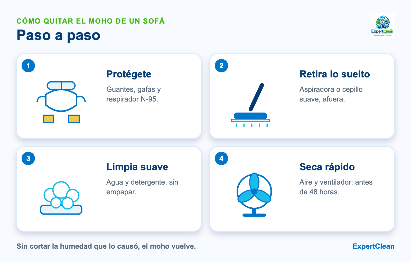 Diagrama de cuatro pasos para quitar el moho de un sofá: protegerse, retirar el moho suelto, limpiar con poca humedad y secar rápido