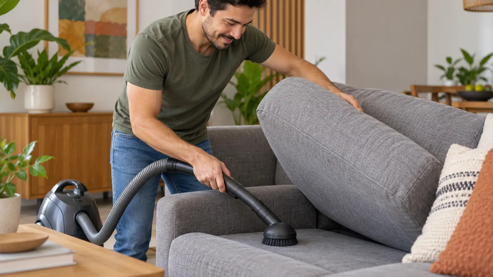 Hombre aplica cada cuánto se deben lavar los muebles aspirando con cepillo suave el sofá de tela de la sala