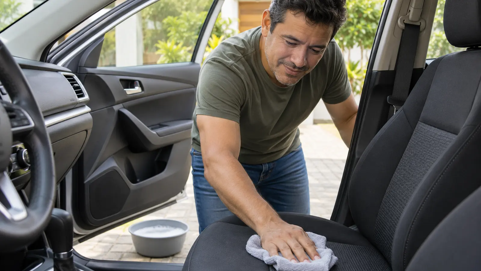 Hombre limpia con un paño de microfibra el asiento de tela de su carro con la puerta abierta, mostrando cómo limpiar los asientos del carro