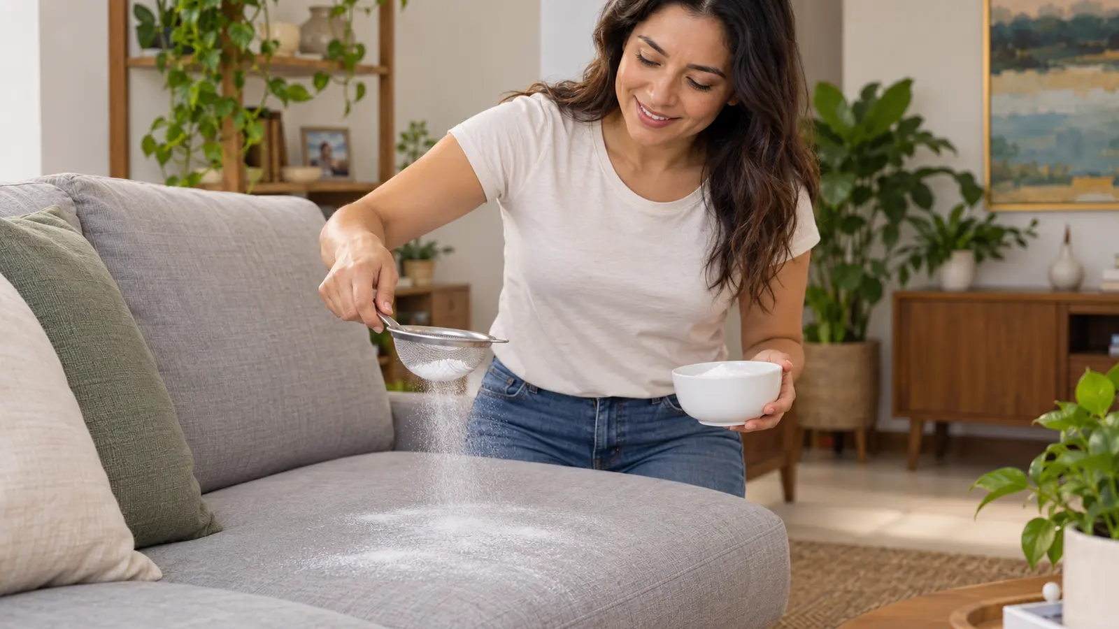 Mujer aplica cómo limpiar muebles con bicarbonato espolvoreándolo en seco sobre el asiento de un sofá de tela