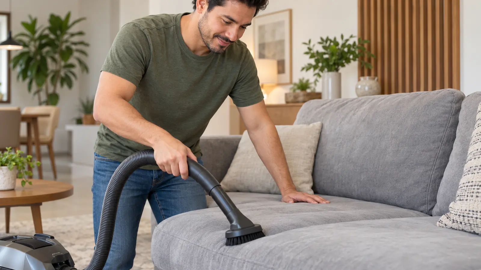 Hombre aplica cómo limpiar muebles de microfibra aspirando con cepillo suave el asiento de un sofá de microfibra gris