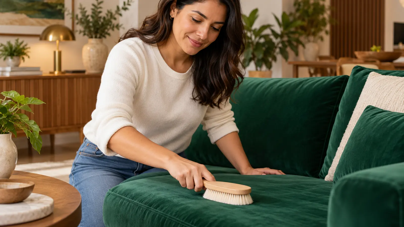 Mujer aplica cómo limpiar muebles de terciopelo cepillando con suavidad un sofá de terciopelo verde en la dirección del pelo