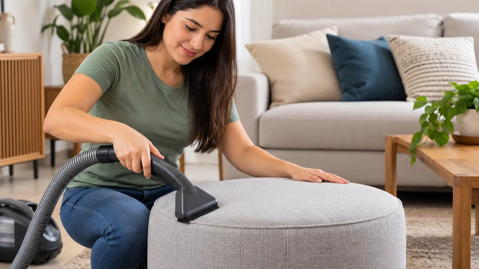 Mujer aplica cómo limpiar un puff de tela aspirando su superficie y sus costuras con la boquilla de tapicería en la sala