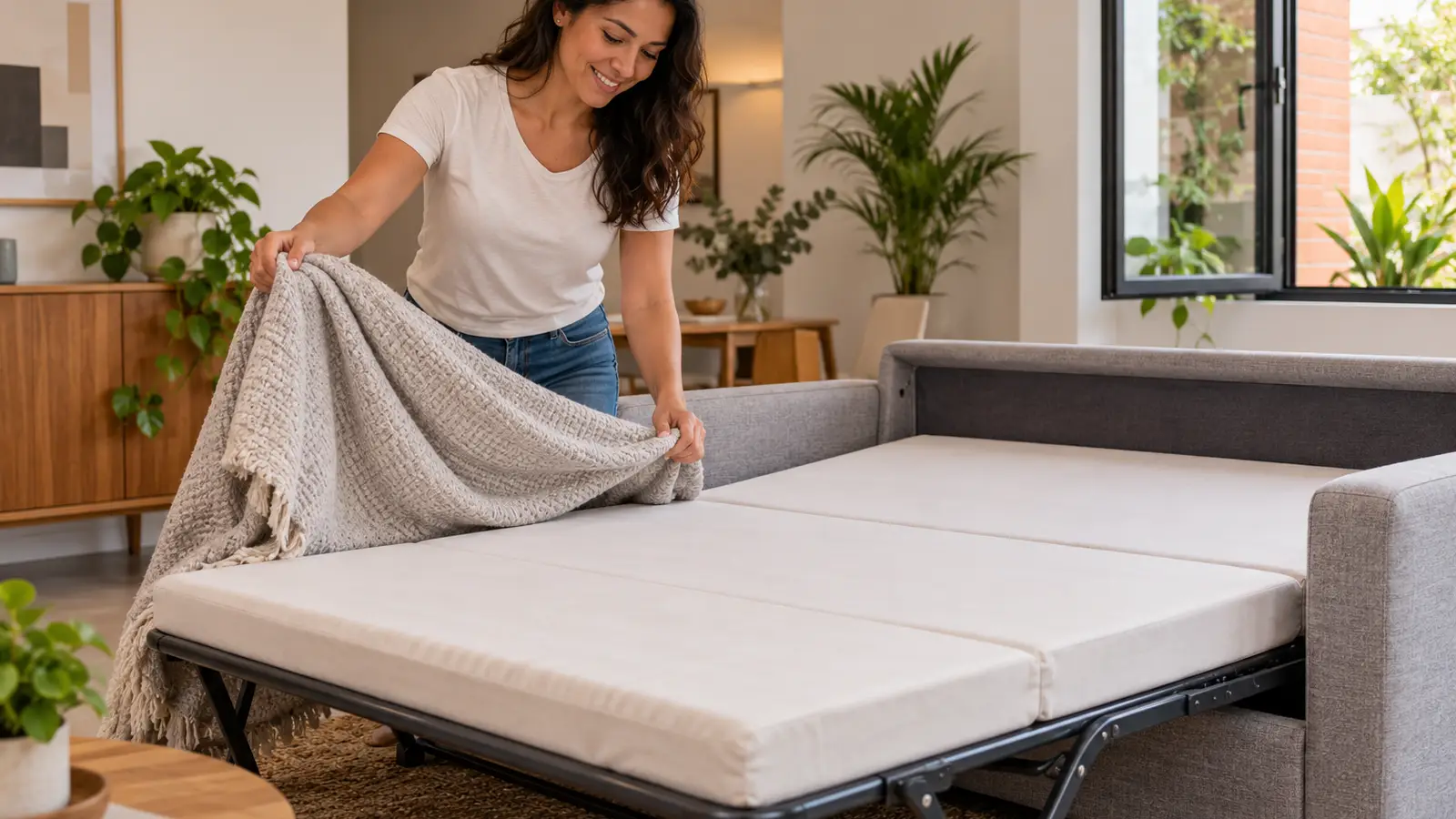 Mujer aplica cómo limpiar un sofá cama abriéndolo y retirando la cobija para dejar el colchón plegable al aire