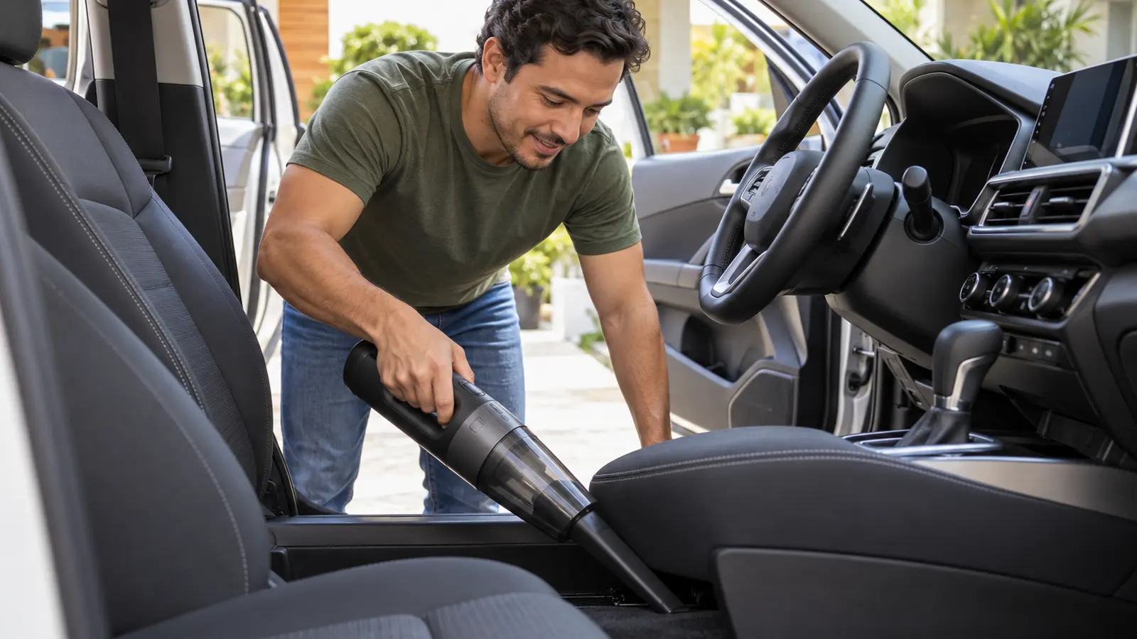 Hombre aplica cómo quitar el mal olor del carro aspirando debajo de los asientos con las puertas abiertas