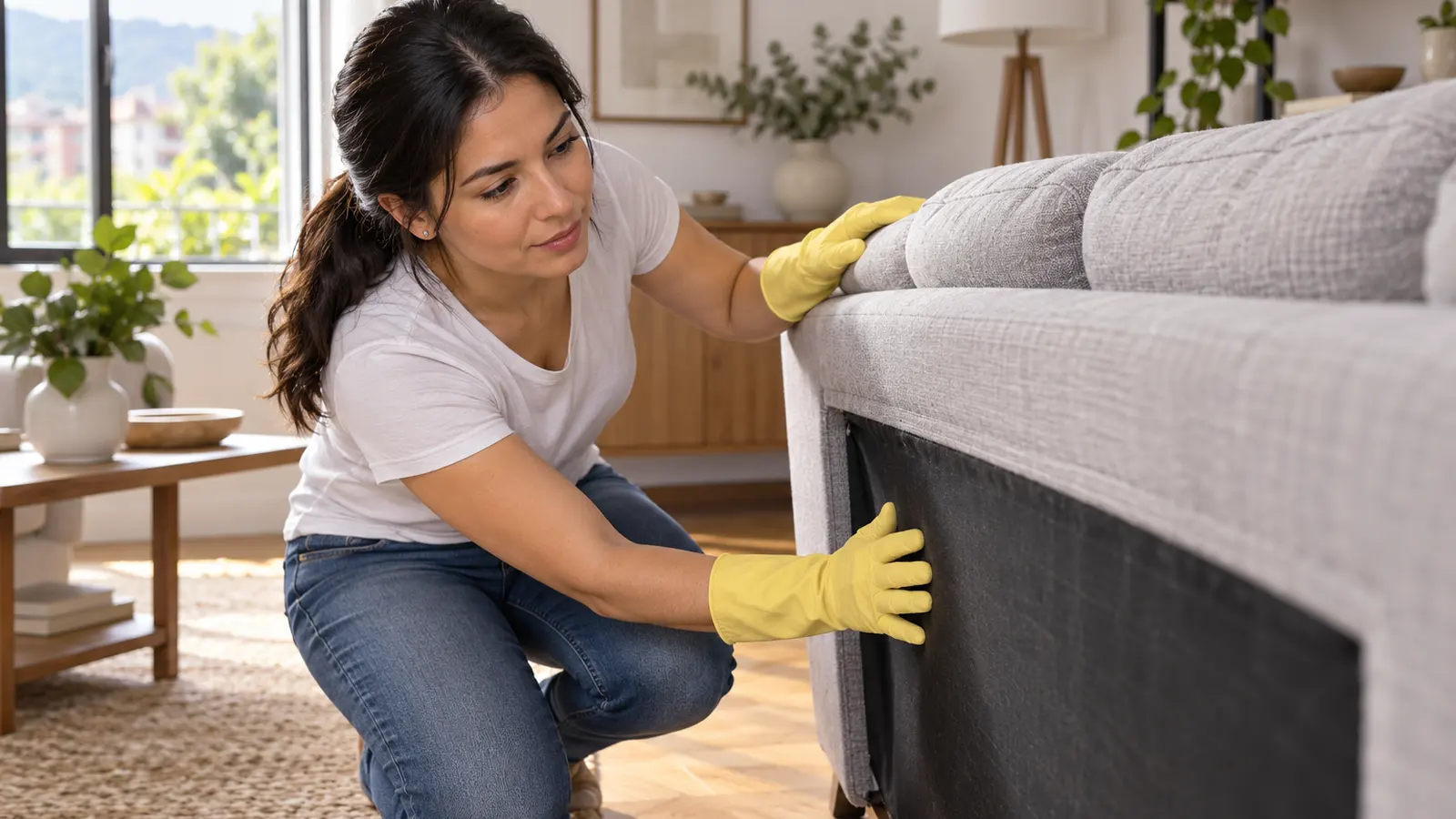 Mujer con guantes aplica cómo quitar el moho de un sofá revisando la parte de atrás del mueble separado de la pared