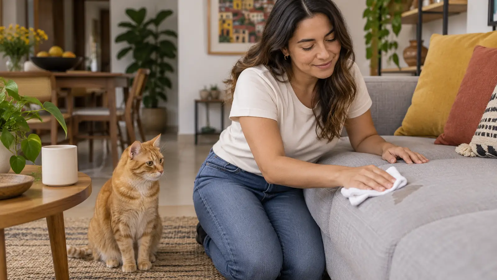 Mujer aplica cómo quitar el olor a orina de gato absorbiendo una mancha del sofá mientras el gato observa