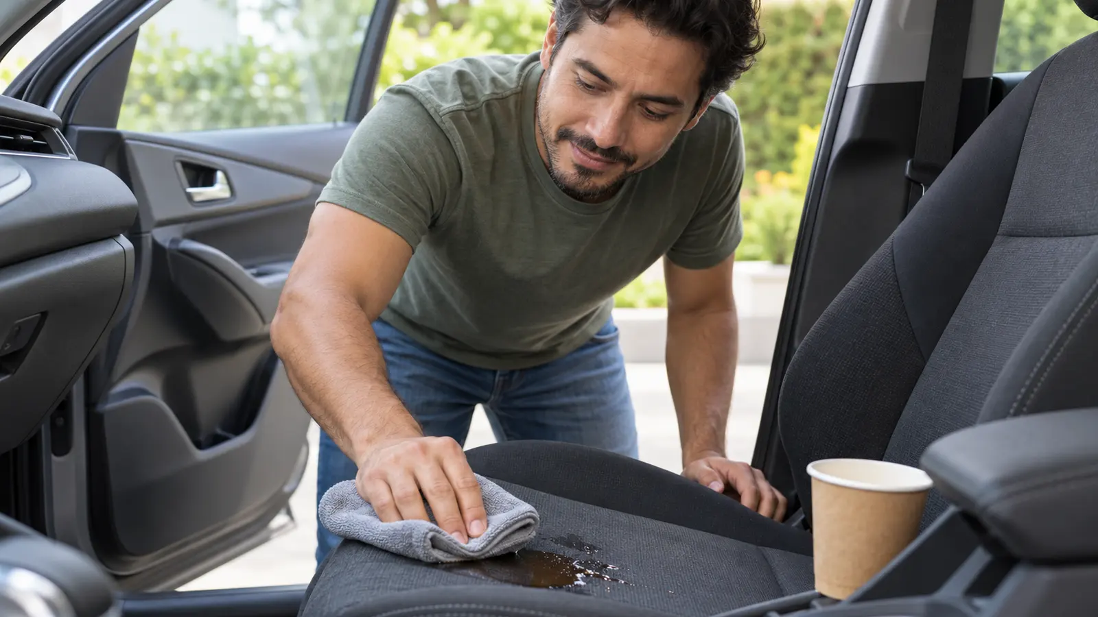 Hombre aplica cómo quitar manchas de los asientos del carro absorbiendo café derramado en un asiento de tela con un paño de microfibra