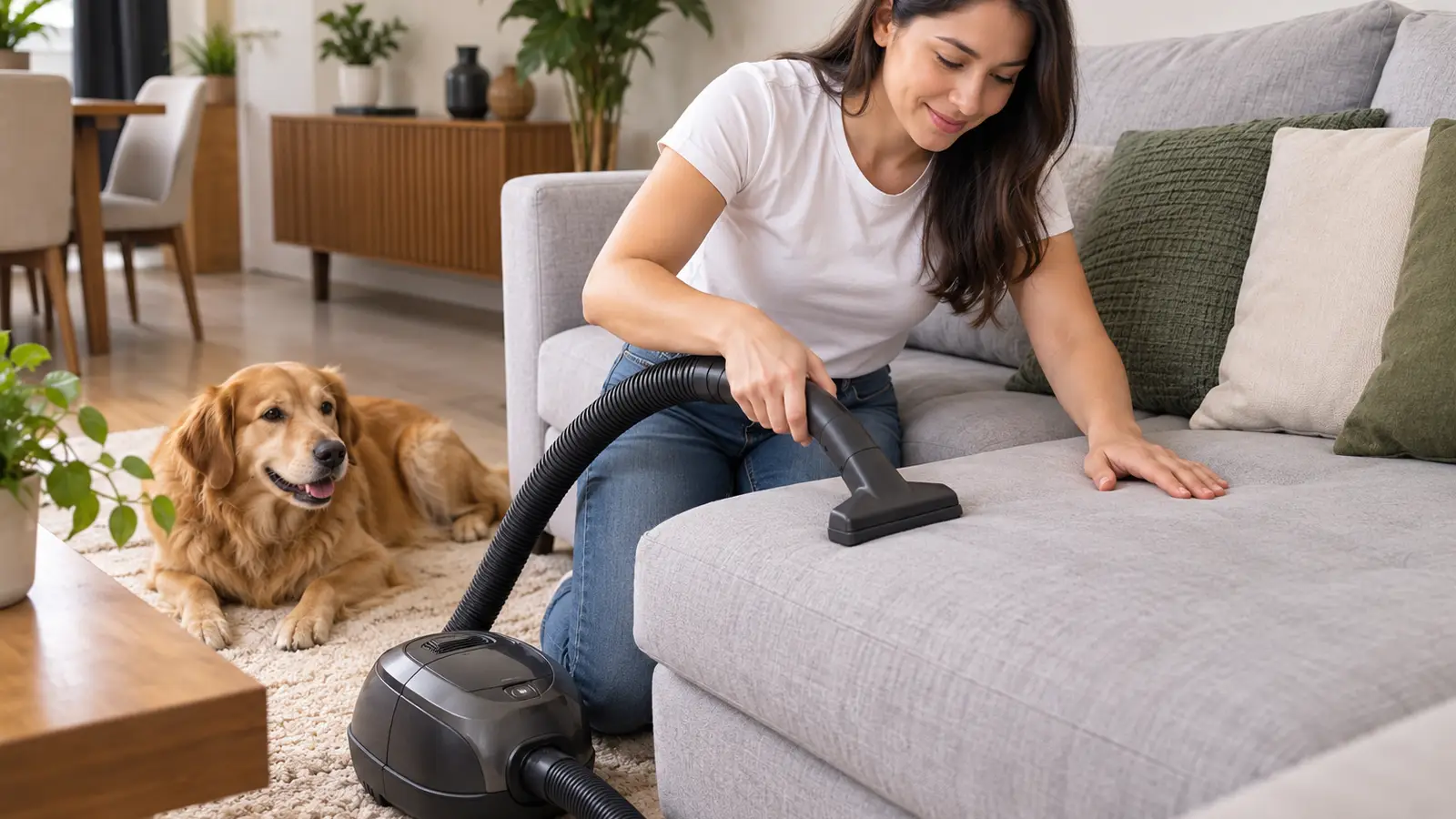 Mujer aplica cómo quitar pelos de perro del sofá aspirando el cojín con el accesorio para tapicería mientras el perro descansa al lado