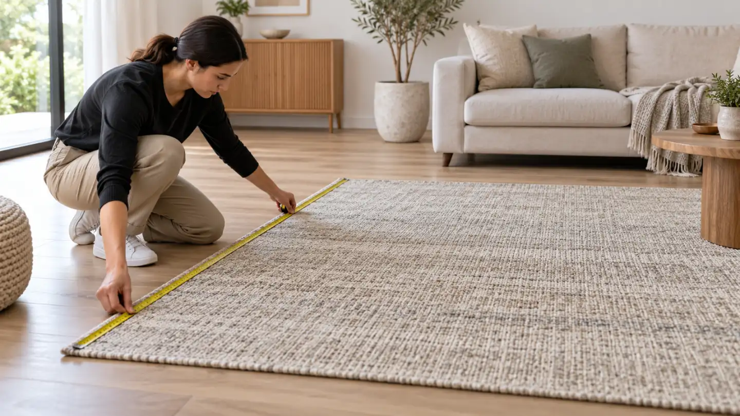 Medición de una alfombra extendida antes del lavado de alfombras en una sala luminosa
