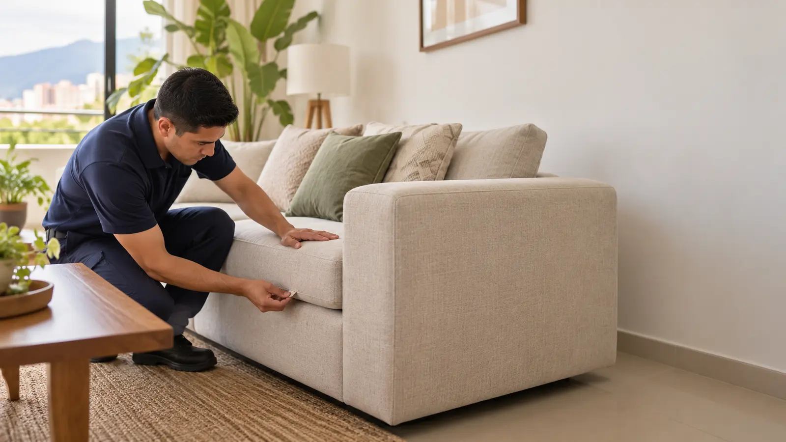 Revisión de la textura de un sofá de tela antes del lavado de muebles en una sala luminosa