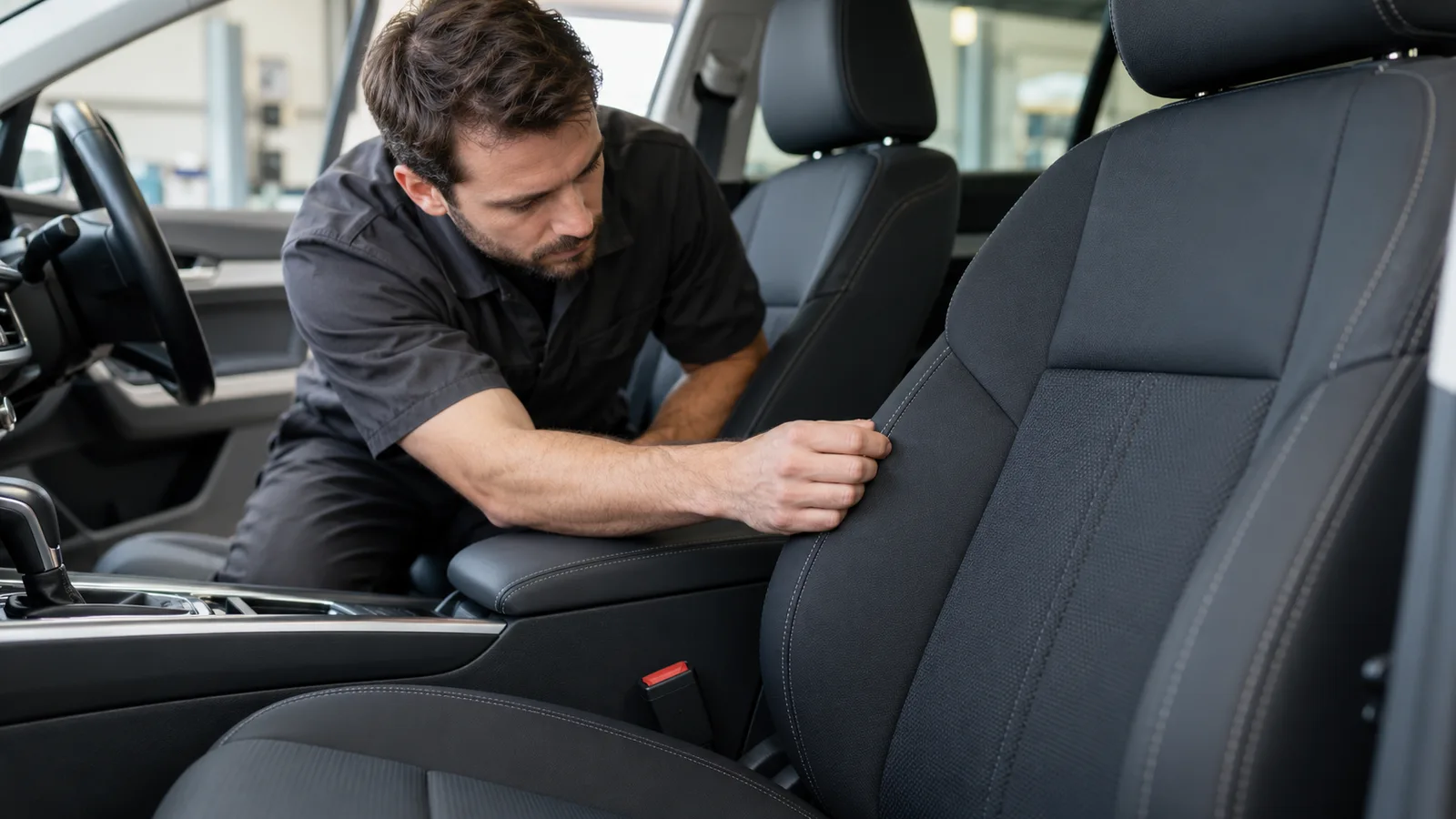 Revisión de la costura de un asiento antes de la limpieza de tapicería de carros