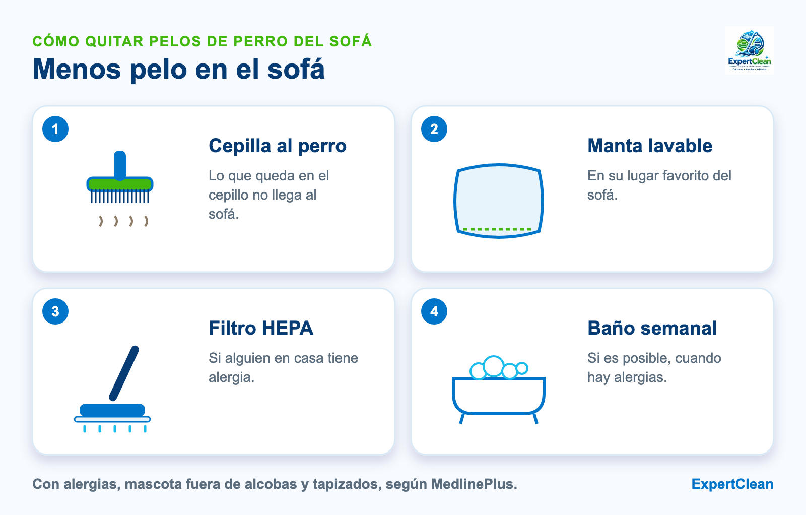 Diagrama de cómo evitar los pelos de perro en el sofá: cepillar al perro afuera, manta lavable, aspiradora con filtro HEPA y baño semanal si hay alergias