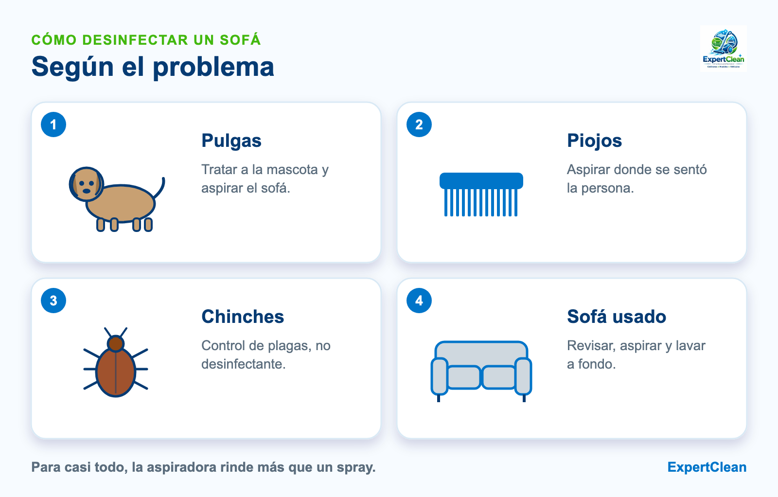 Diagrama de qué hacer según el problema del sofá: pulgas tratando a la mascota, piojos con aspiradora, chinches con control de plagas y sofá usado con lavado