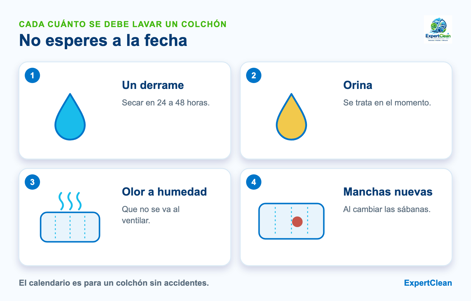 Diagrama de cuándo adelantar la limpieza del colchón: un derrame, orina, olor a humedad y manchas nuevas
